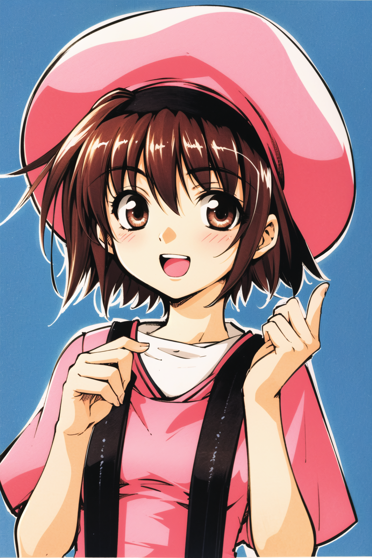 18494-1381755066-Cisqua, 1girl, solo, pink hat, brown hair, short hair, brown eyes, smile, open mouth, traditional media,  _lora_Azuma Mayumi_0.8.png